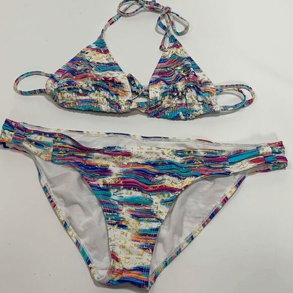 Women's Striped Two Piece Triangle Split Neck Swimsuit Multi-Color Size Large - Picture 1 of 5